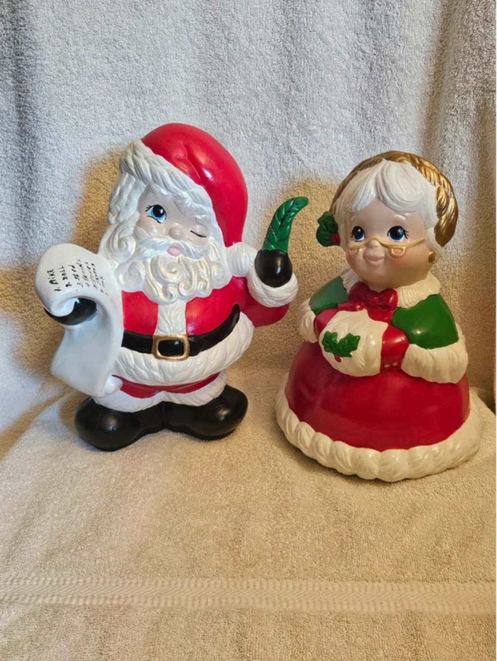 Vintage 1988 Winking Santa Mrs Claus Ceramic Pair 9" Repaired Feather